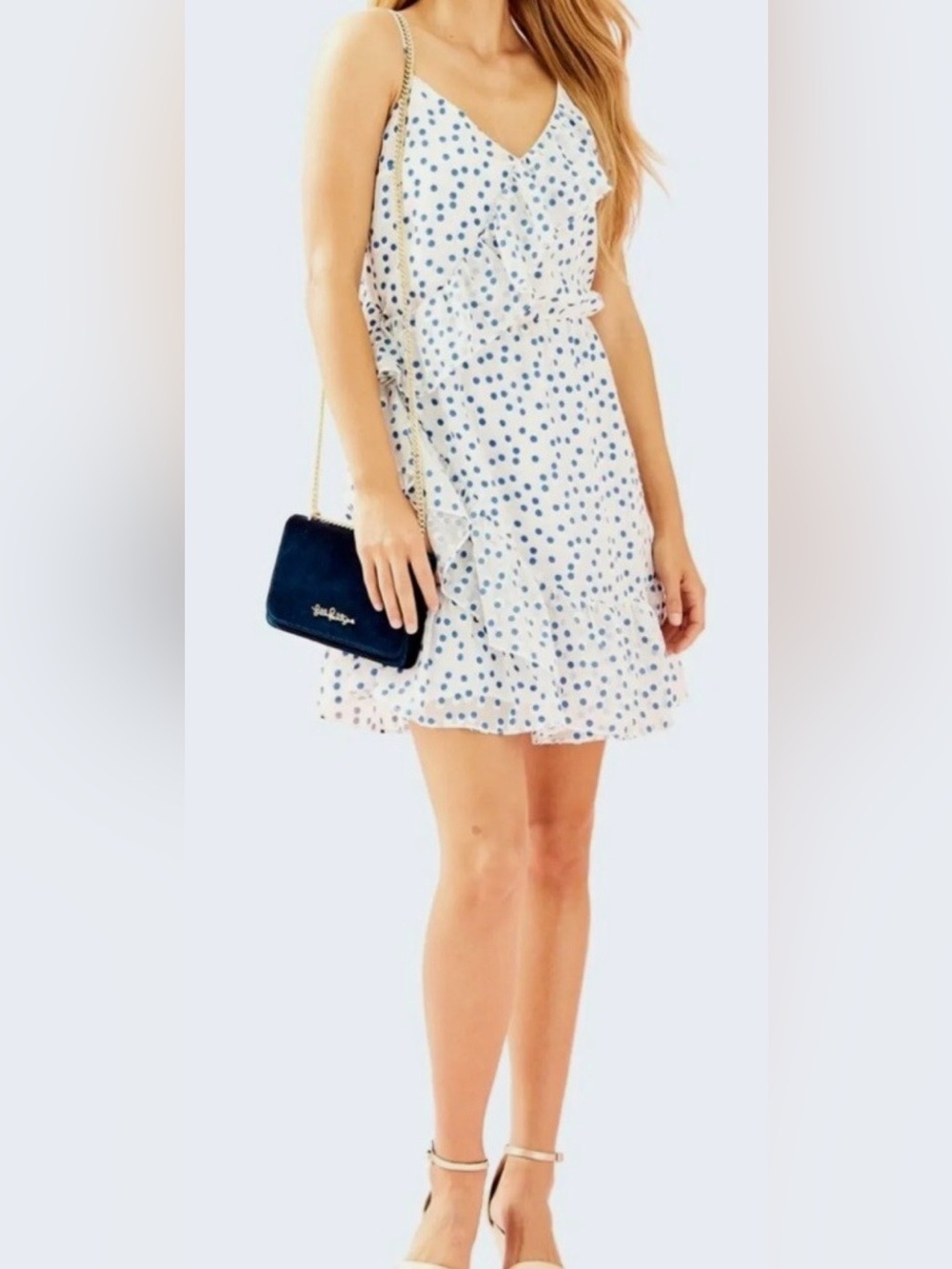 Lilly Pulitzer Madelina - White One-Shoulder Dress with Navy Blue Polka Dots